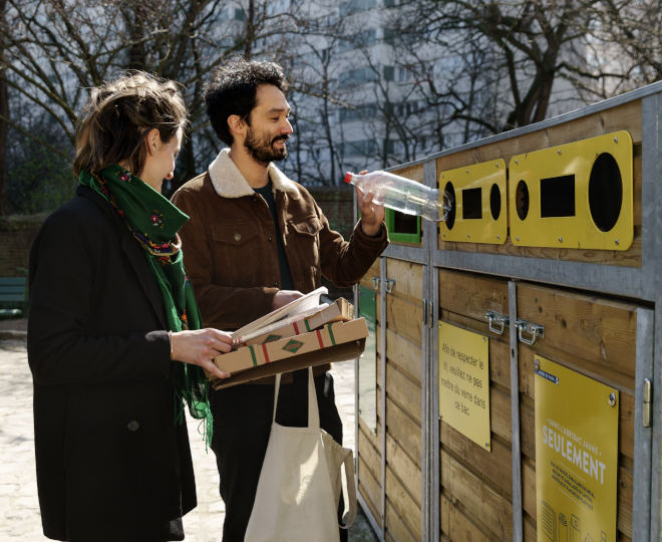 un homme et une femme jettent leurs emballages (bouteille en plastique et carton de pizza) dans un conteneur de tri sélectif